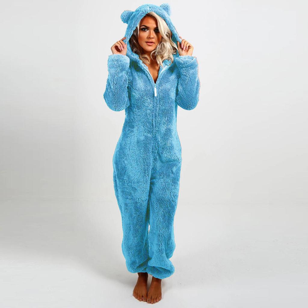 2024 Trendy European/American Fleece-Lined Hooded Jumpsuit Pajamas for Women - 22 Colors Available