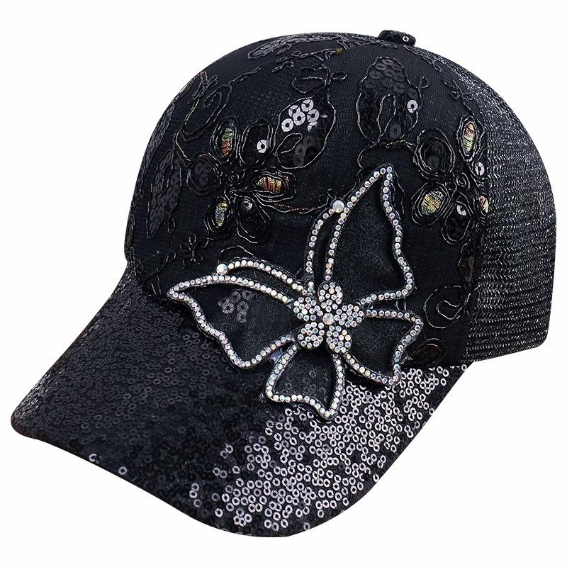 Women's Duck Tongue Hat with Rhinestone Butterfly Baseball Cap Women's Summer Breathable Sunshade Mesh Hat