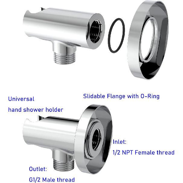 Aquaiaw Wall Supply Elbow with O-Ring Flange, Tapered 1/2 NPT Female Inlet, Solid Brass Wall Union W/Handshower Holder, Round Wall Supply Elbow