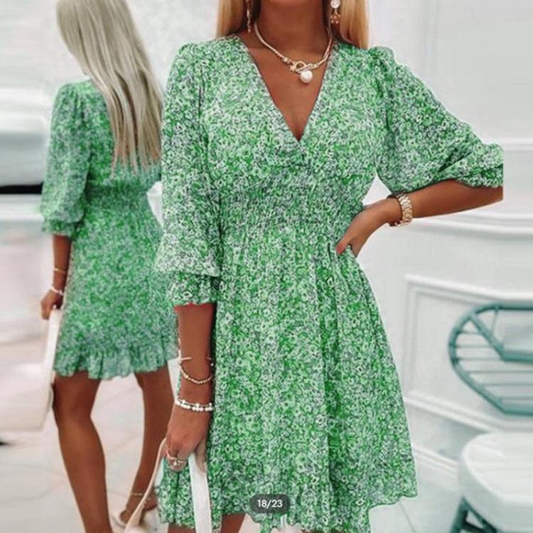 Women's New Medium and Long Dress Waist Pullover Bohemian Print Short-sleeved Floral Dress