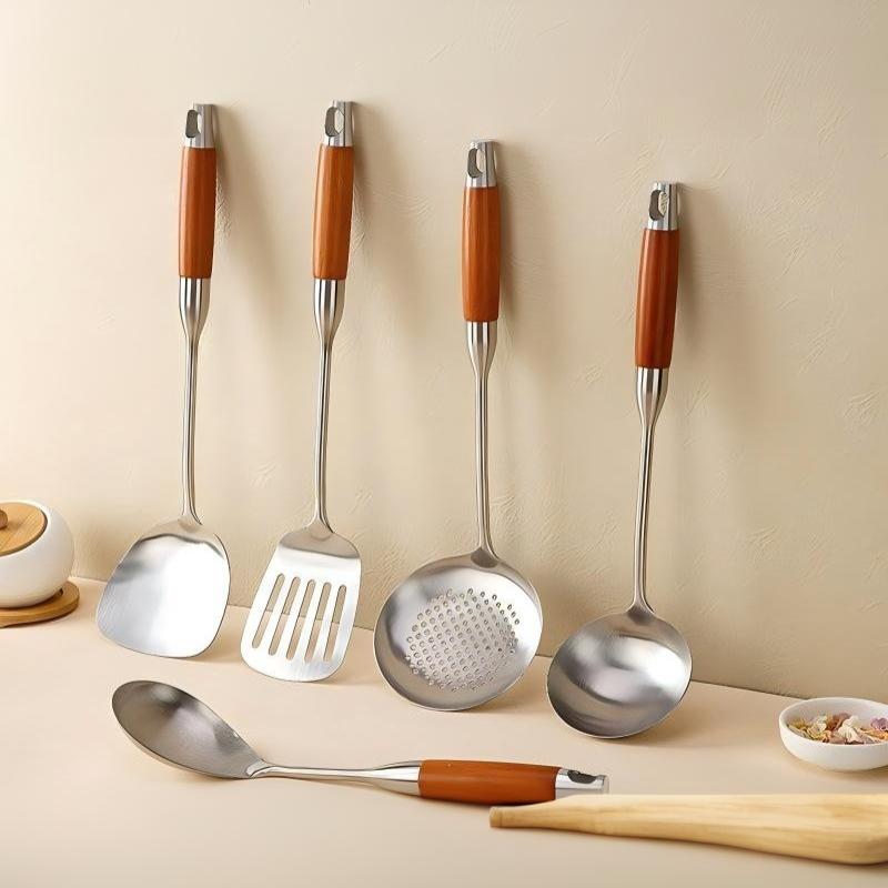 Stainless Steel Kitchen Utensil Set Heat Resistant Natural Wooden Handles Dishwasher Safe Cooking Tools for New Home Gift