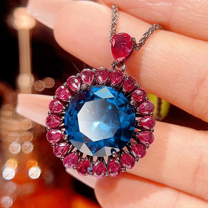 Autumn and winter new Huabi jewelry copper bottom gold-plated simulation blue spinel advanced sense black gold set main stone 16-10m