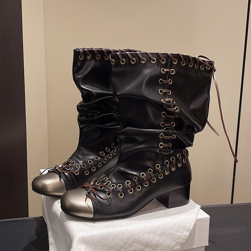 Polished straps Martin boots Spring and summer new push boots Women's thick-soled thick-heeled short boots Handsome short boots Locomotive boots