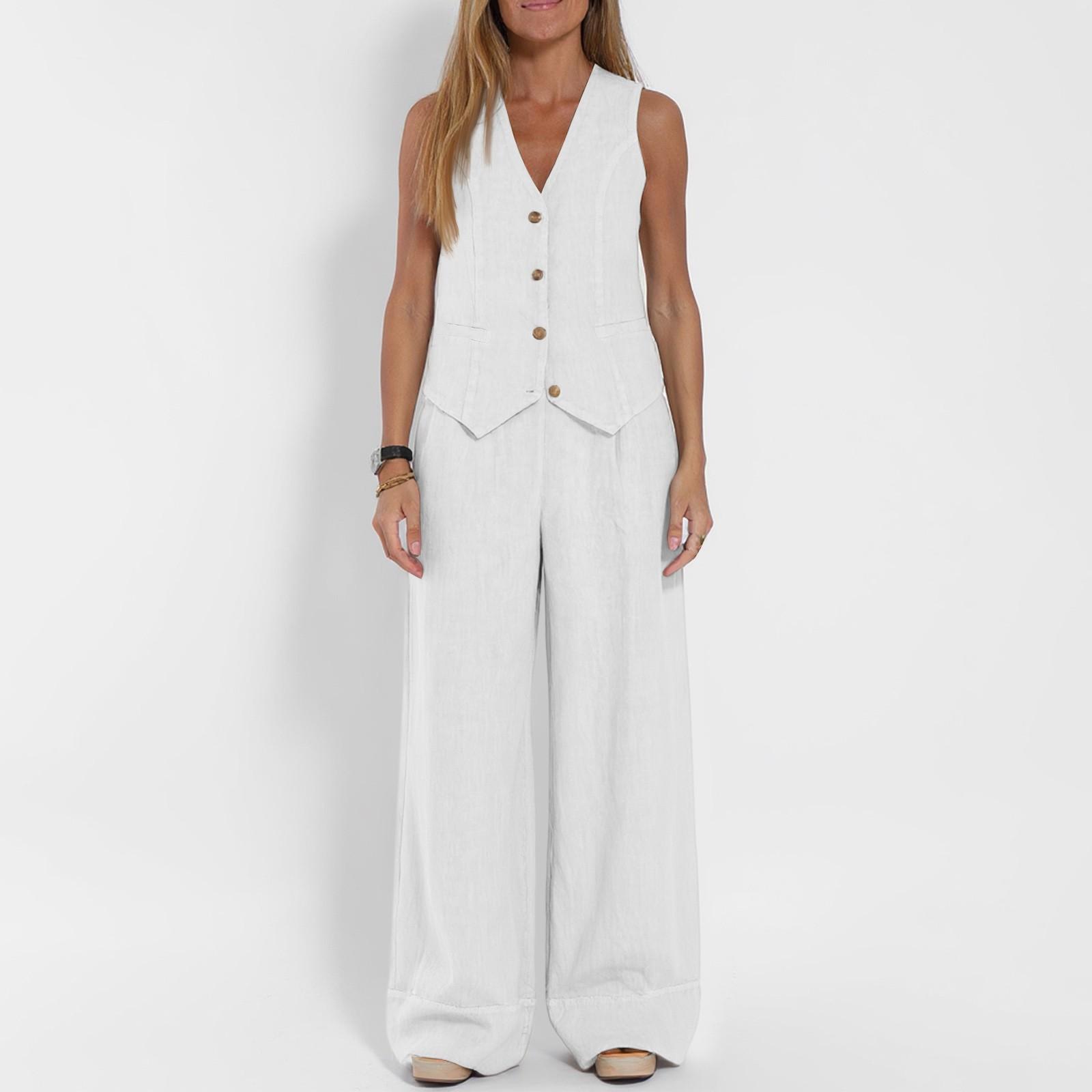 

Женский модный жилет и брюки однотонного цвета, лоскутный костюм в стиле кэжуал из хлопка и льна XL белый