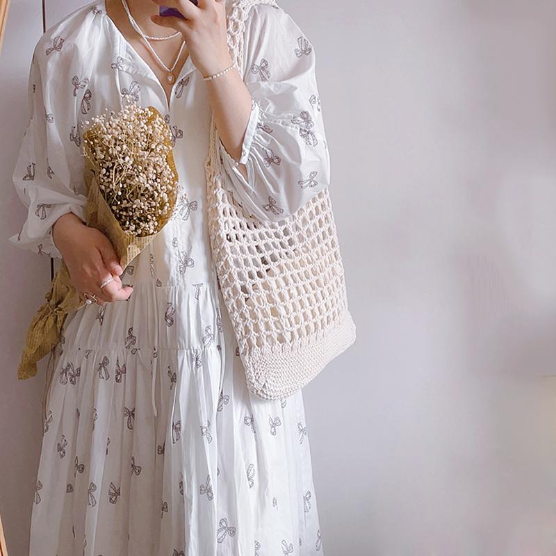 Solid Color Knitting Shoulder Bag Large Capacity Versatile Bohemian Crochet Tote Bag Hollow Out Casual Woven Handbag Women