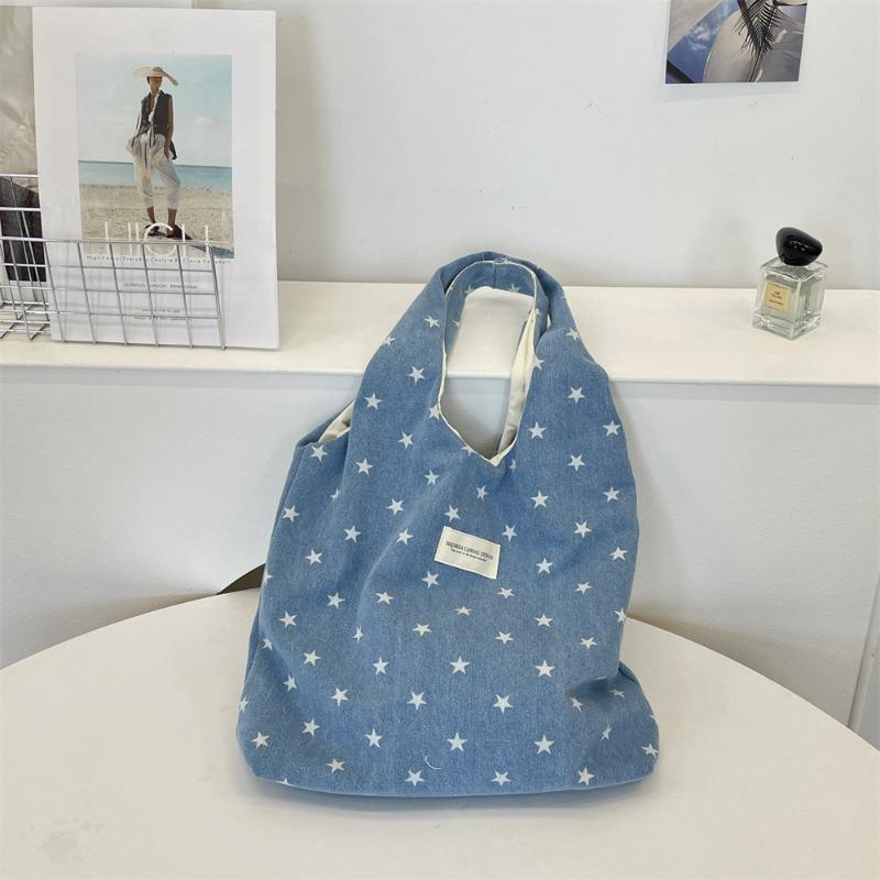 11 Fresh and Sweet Denim Star Printed Vest Bag Versatile Large Capacity Commuter Shoulder Bag Tote Bag