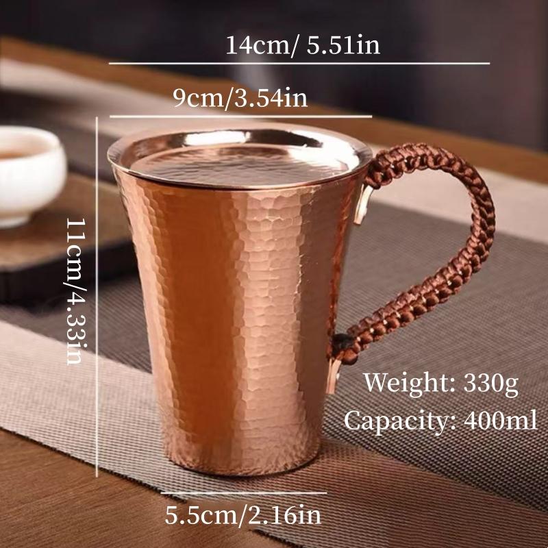 

Vintage Copper Breakfast Mug,With Lid Thickened 400 Ml Coffee Cup,Handcrafted Woven Handle Hammer Texture Home Tea Cup Tableware 400ml