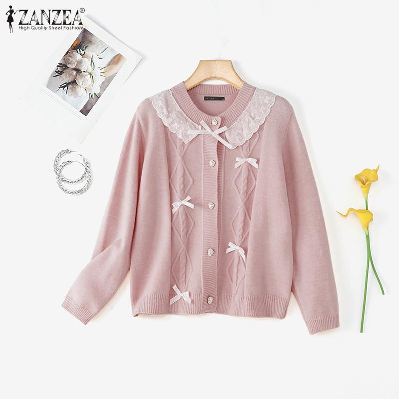 ZANZEA Oversized Women Long Sleeve Buttons Up Lace Casual Loose Knitted Sweaters Cardigan