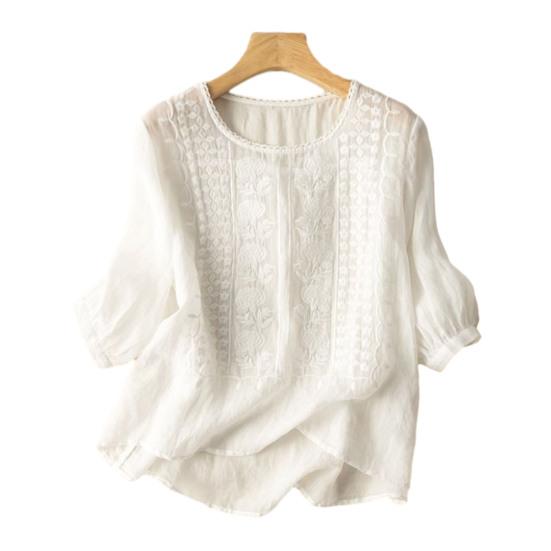 Women Tops Round Neck 3/4 Sleeve Puff Sleeve Loose Fit Casual Tops Embroidery Irregular Hem Blouse Spring Summer Wear