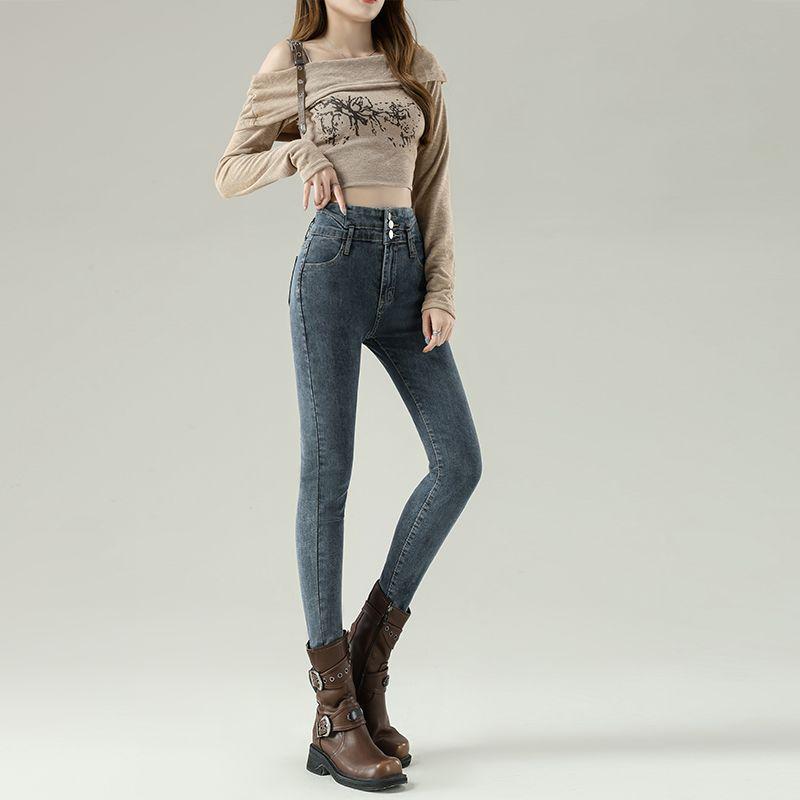 Damen Blaue-Graue High-Waist Schlankmachende Skinny Jeans mit Samtfutter