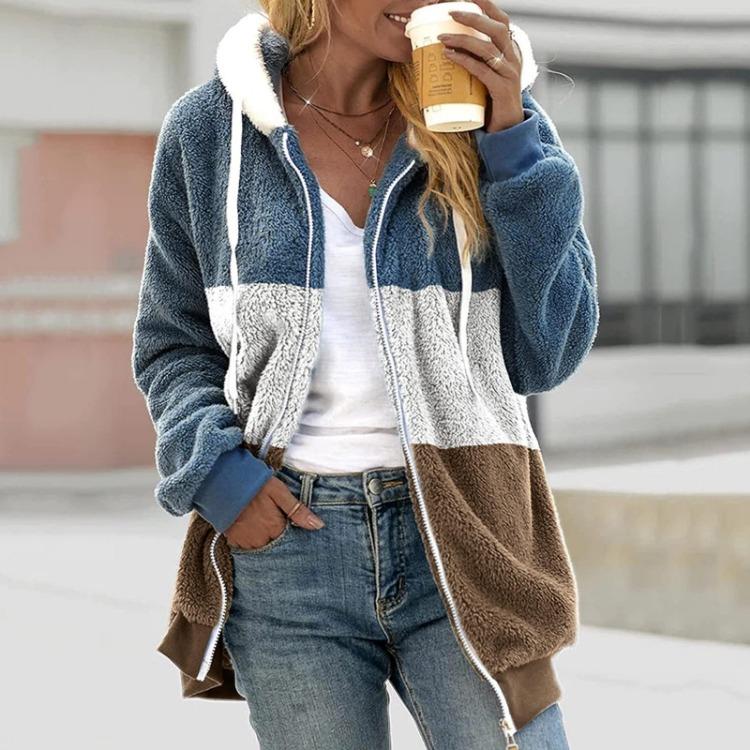 Women's Hooded Large Zip Jacket Loose Multicolor Paneled Plush Size