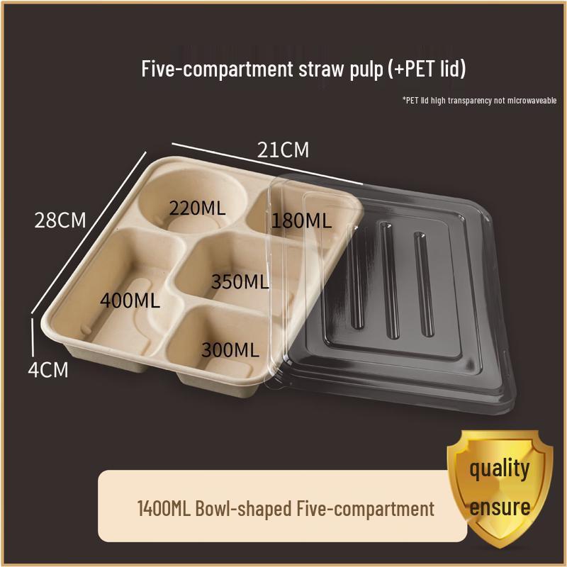 Disposable 1400ml 5-Compartment Pulp Food Container with PET Lid