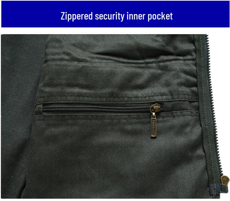 Men's Army Green Multi-Pocket Cotton Tank Top, Plus Size 10XL, Spring/Autumn Wear