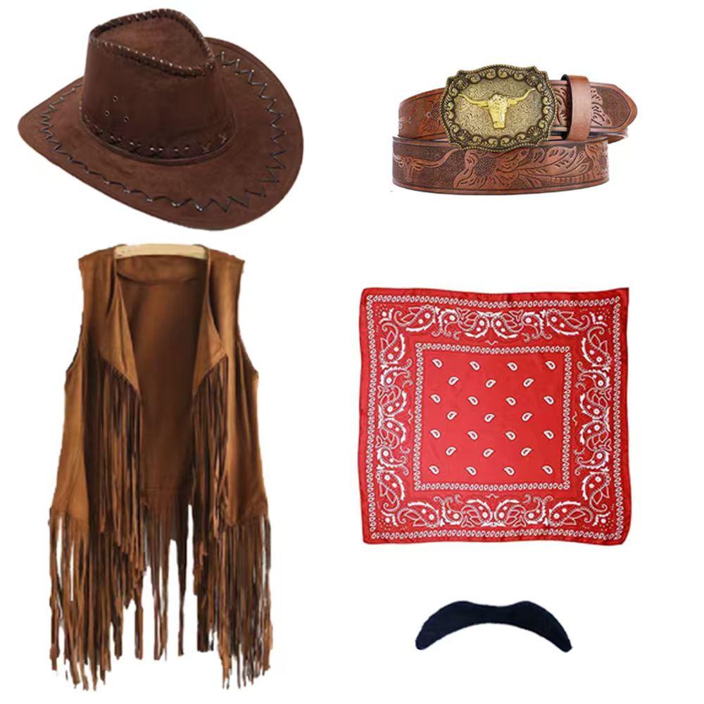 PESENAR Western Cowboy Kostüm Zubehör Set Cowboyhut Taschentuch Anstecker Denim-Set Halloween Party Verkleidung