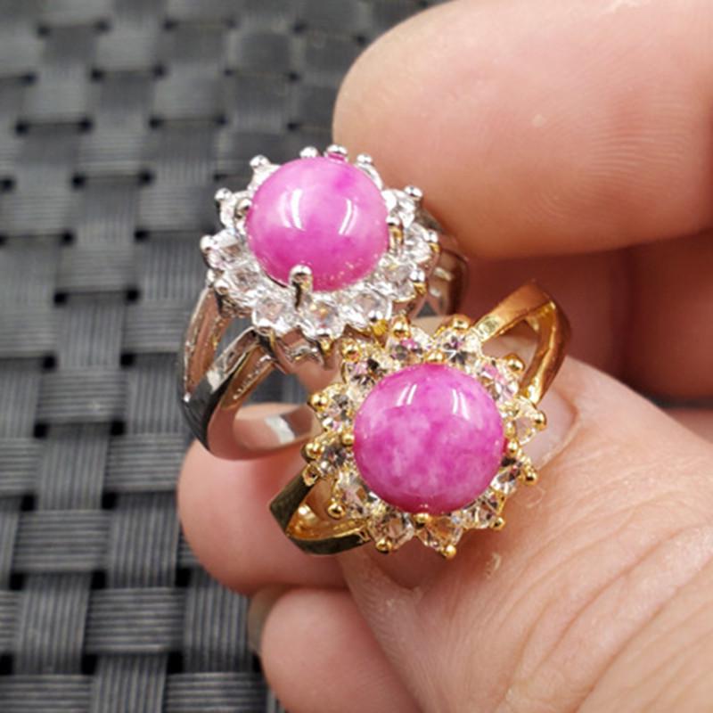 Jade Quartzite Ring with Diamond Inlay - Pink Peach Blossom Design Gold Variant, Inner Diameter 18-20mm