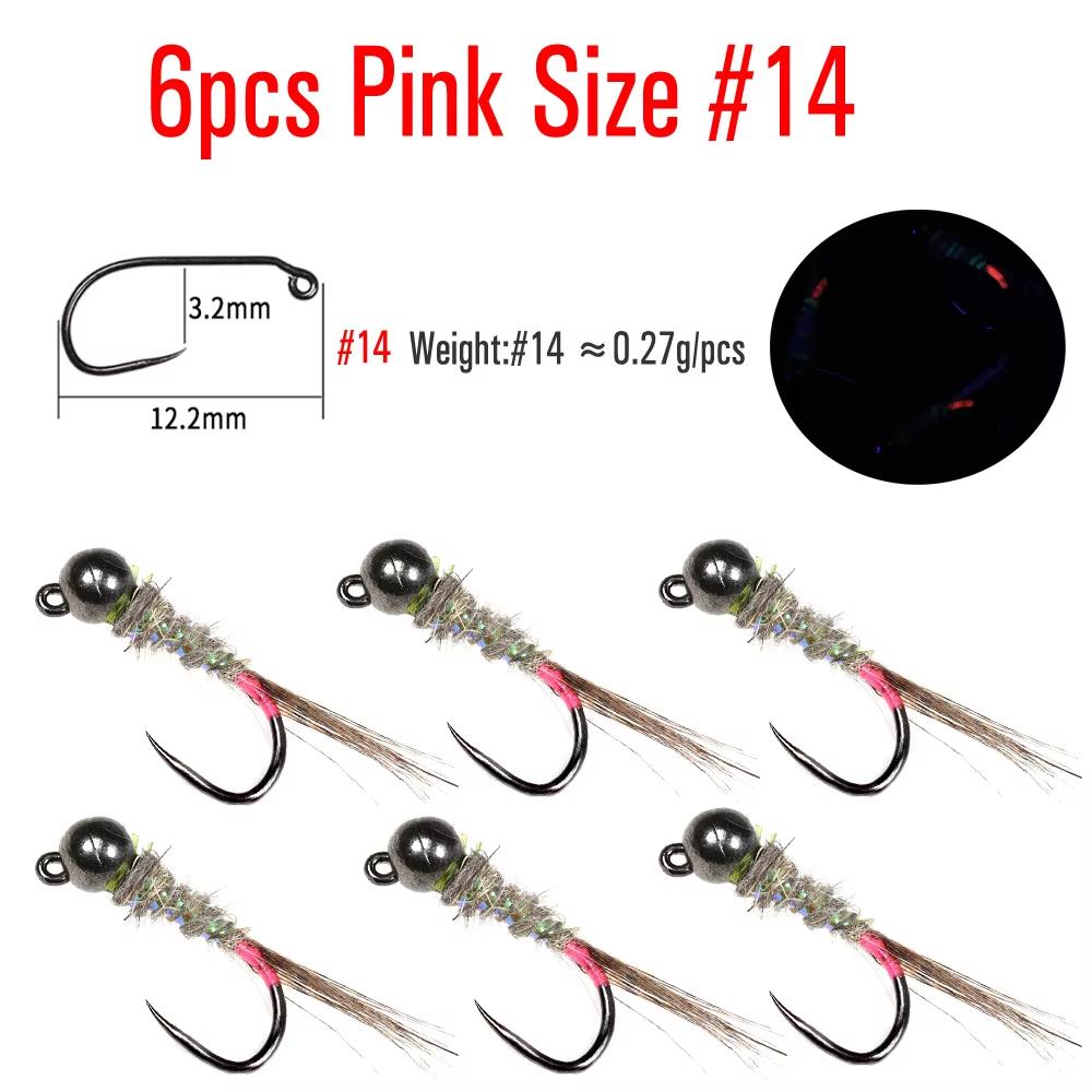 Bimoo 6pcs Black Tungsten Head Fluorescent Orange Pink Green Jig Fly Euro Nymph Perdigon Nymphs Fast Sinking Trout Fishing Lure