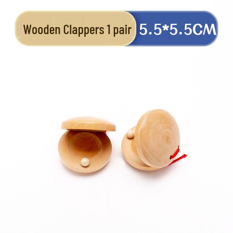 Orff Percussion Set: Claves, Castanets, Sand Shakers, Egg Shakers, Wrist Bells, Tambourine, Triangle, and Wood Block.