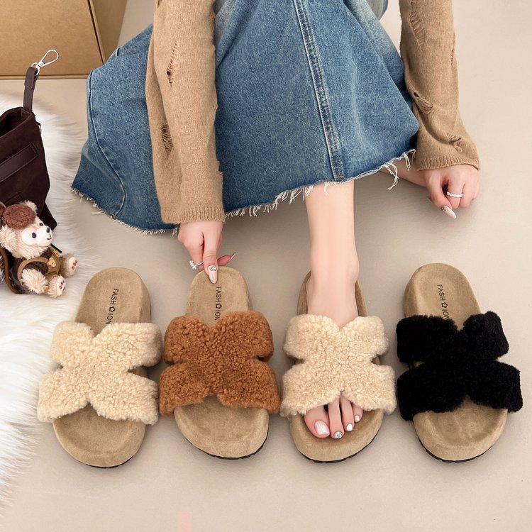 Retro One-pedal Fluffy Slippers Women's Autumn and Winter New Outer Slippers Fashion with Skirt One-word Drag