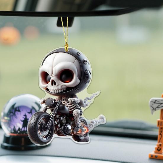 Halloween Car Ornament Cool Skeleton Acrylic Car Rearview Mirror Charm 2D Flat Skull Hanging Pendant for Car Interior Backpack Accessory