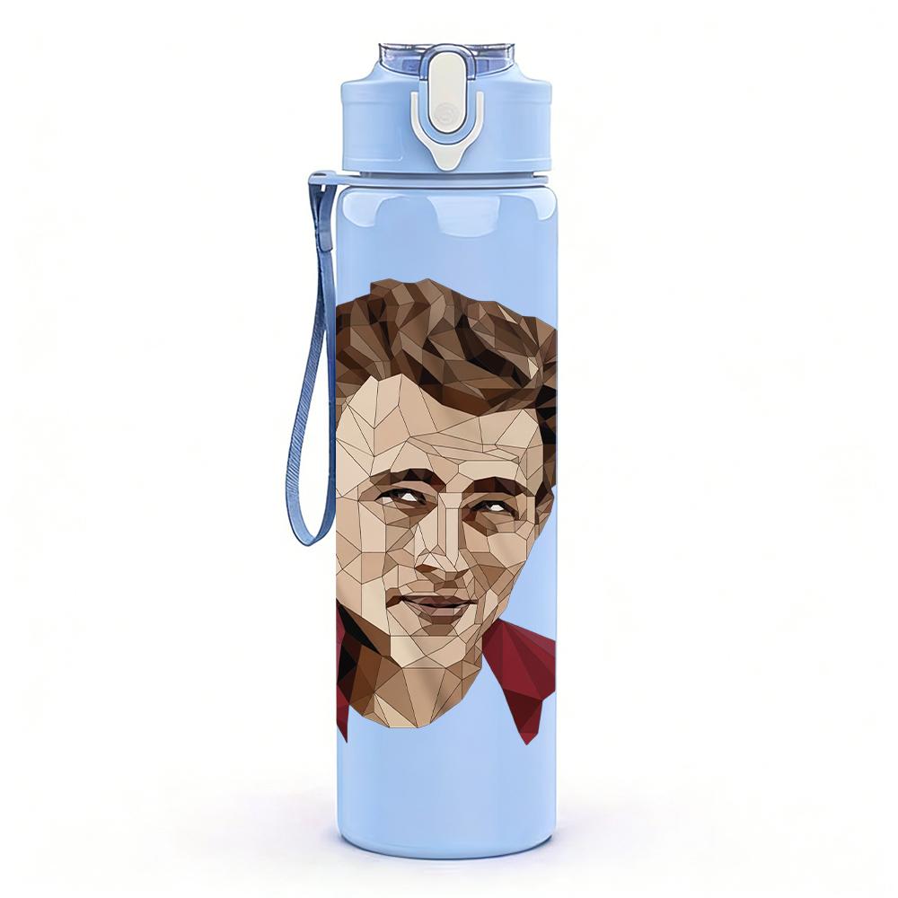 1PC Retro young male actor portrait print 750ml colorful plastic sports water bottle leakproof pop up lid with straw for outdoor work home use