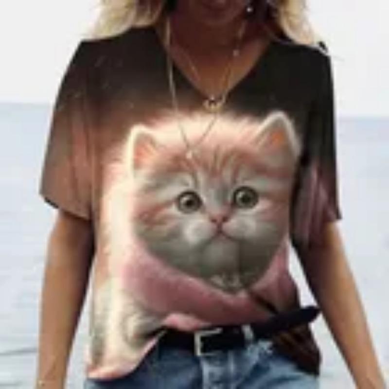 Summer women's T-shirt cat print short sleeved Harajuku women's T-shirt women's T-shirt oversized V-neck top animal women's clothing