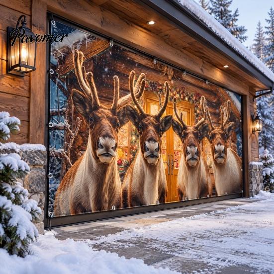 Seasonal Celebration Props Christmas Garage Door Cover, Winter Reindeer Barn/Santa Shop/Nativity Scene Holiday Party Backdrop Banner, Large