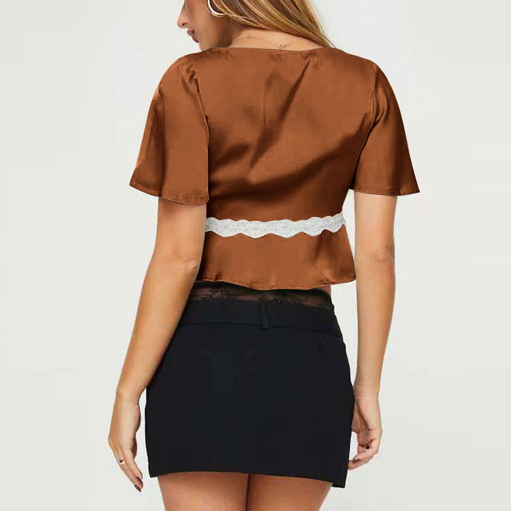 Women's Fashion Casual Summer Lace Sexy Slim Navel-Exposed Short Sleeve Top