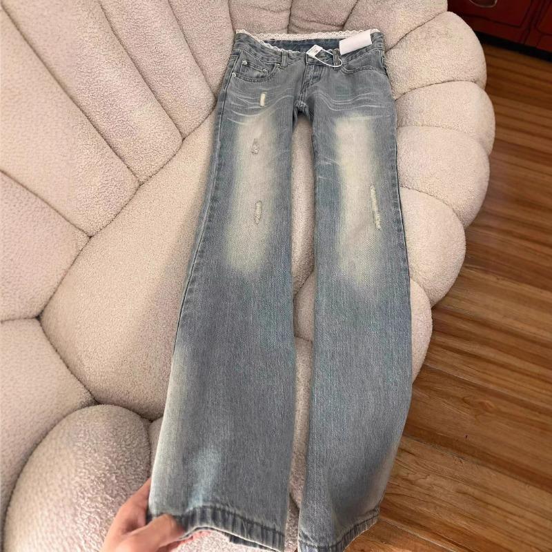 

Retro Washed Light-colored Bootcut Jeans for Women in Spring and Autumn New Style Lace Stitching Low-waisted Loose S синий