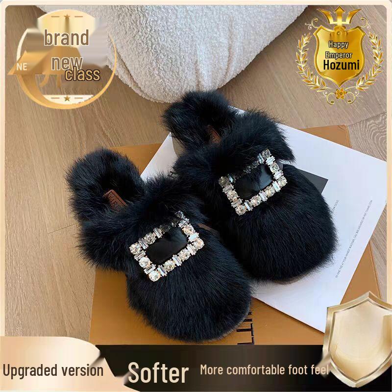 Autumn/Winter 2025 Women's Chunky Heel Furry Cotton Slippers - Mid-High Rabbit Fur Mule Shoes