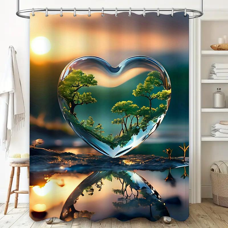 Heart-Shaped Landscape Shower Curtain - Waterproof, Mildew-Resistant, Machine Washable For Romantic Bathroom Decor