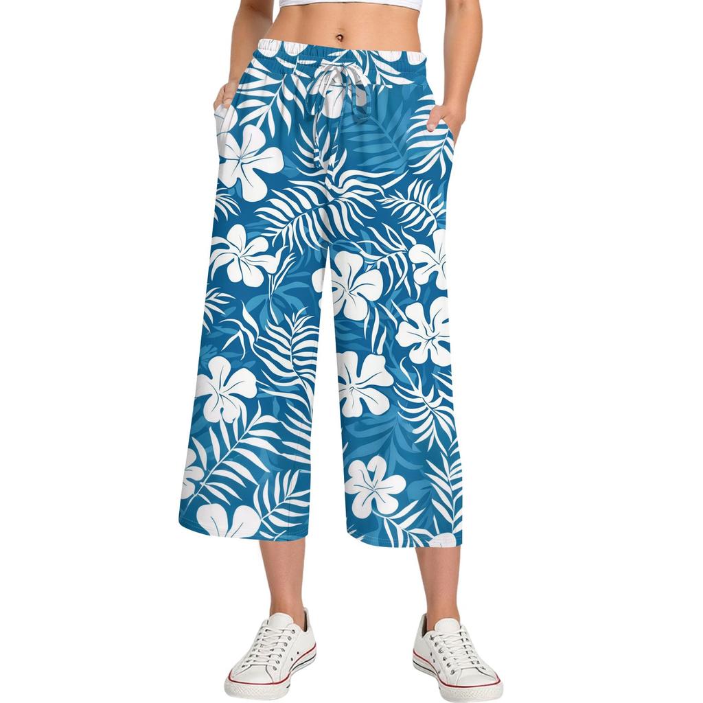 Damen Sommer Hohe Taille Bedruckte Freizeit-Sportbekleidung Lässige Cropped-Hose Weite Hose