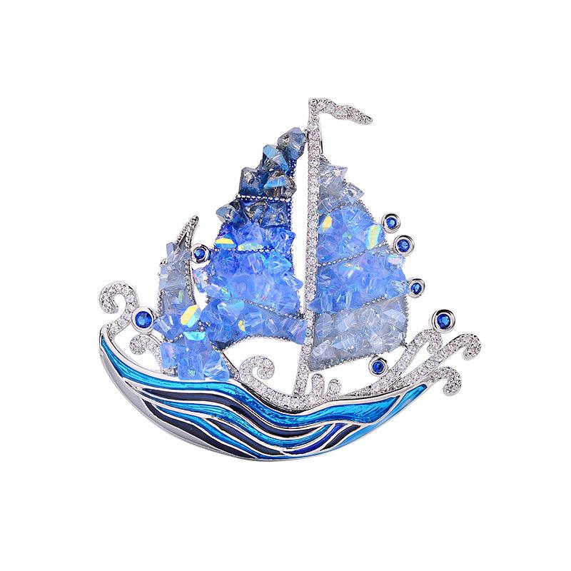 Crystal Sailboat Brooch for Women Unisex Blue Enamel Boat Party Badge Pins Gifts