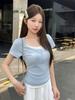 Small Front Shoulder Slim-fitting Spice Girl Top Summer New U-neck Fake Two Short-sleeved Niche Thin T-shirt Women