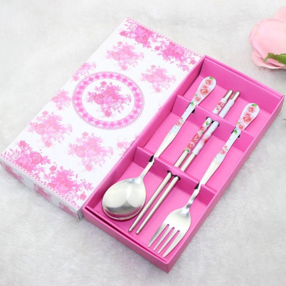 3pcs/set Blue and White Porcelain Pattern Chopsticks Spoon Fork Gift Box Cutlery Set  Travel розы красного