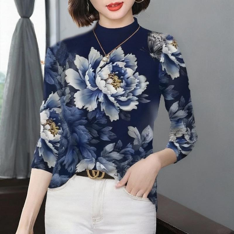 2025 Stylish Long-Sleeved High-Neck Printed Base Layer for Middle-Aged and Elderly Women, Tummy-Concealing, Versatile, and Warm Top