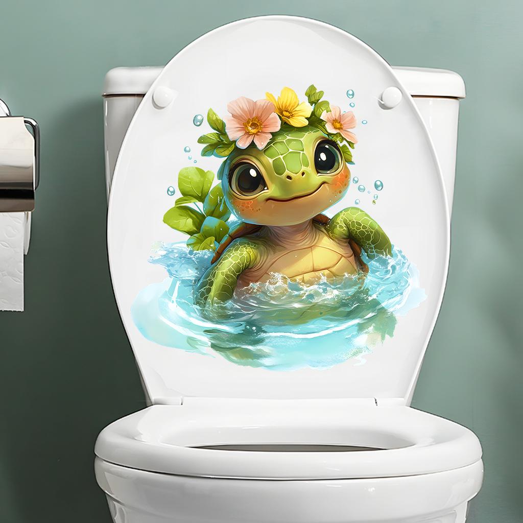 Cute Turtle with Hair Bow Toilet Stickers, Waterproof Self-Adhesive for Bathroom Decor, Sweet Marine Animal Decals