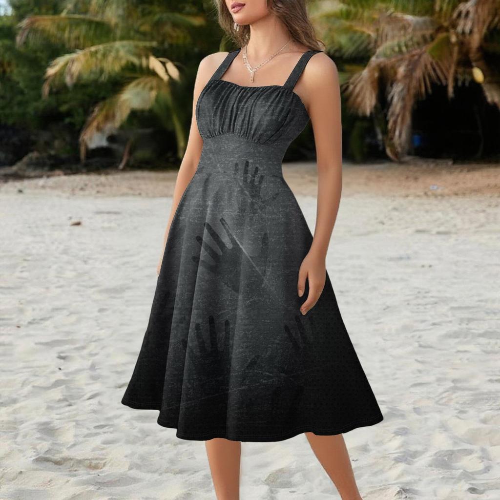 Dámské vintage bez rukávů plisované patchworkové roztomilé A-line lemované halloweenské potištěné šaty