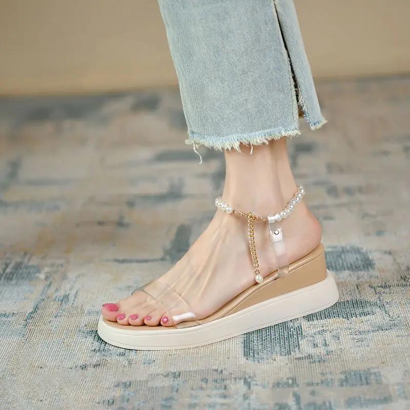 Fashion Pearl Platform Low Price Woman Shoes on Offer 2025 Trend Sandals for Women Anti Slip Hot Korea Luxury Summer Sale Offers Shoe