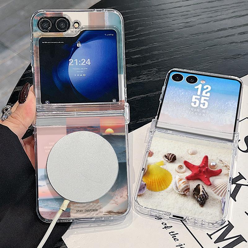 Anime Beach Scenery Case For Samsung Z Flip 8 7 6 5 4 Magnetic For Magsafe Clear PC Hard Folding Phone Cover For Galaxy Z Flip8 Flip7 Flip6
