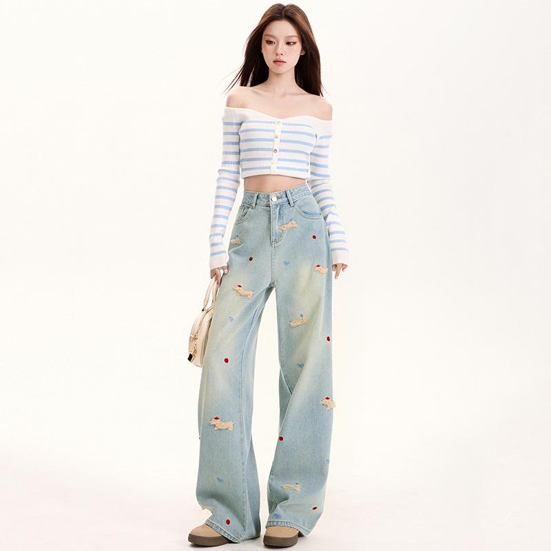 Women's Light Blue Embroidered Wide-Leg Jeans - Autumn Spicy Girl Style, Loose Straight Fit