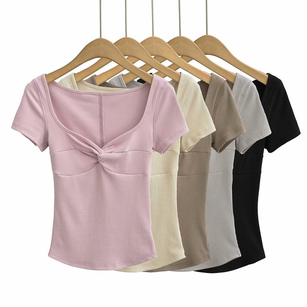 YPFF Women's Trendy Solid Color V-Neck Twist Knot American T-Shirt