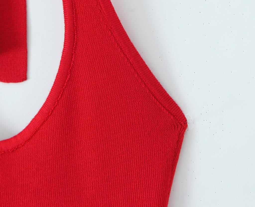SAW American Style Red Spicy Girl Metal Strap Halter Waist-Cinching Bodycon Dress