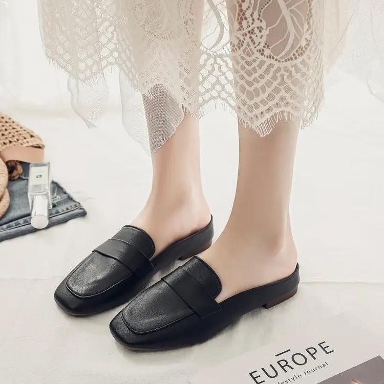 Fashion 2025 New Summer Baotou Slippers Wearing Fashionable Flat Bottom Soft Leather Outgoing Slippers for Women Plus Size 35-43
