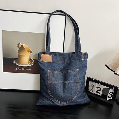 Large-capacity Women's Underarm Tote Bag In Vintage Denim Student School Bag