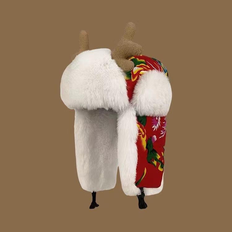 New antlers, big flower Lei Feng hat in the three eastern provinces, women's winter warm ear protection, ethnic wind plush thickened warm and cold hat