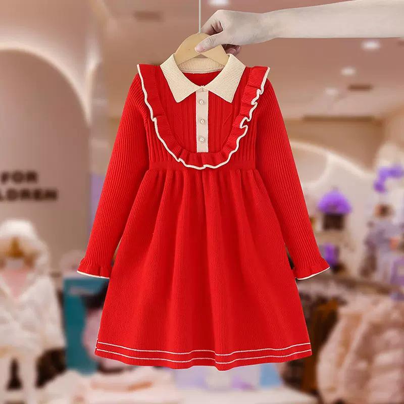 

Вязаное платье с длинными рукавами и лацканами для девочек – модный стиль колледжа на осень/зиму 150 cm красный