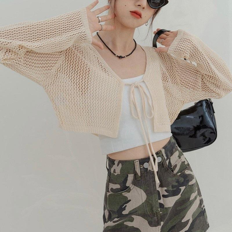 Summer thin French V-neck knitted cardigan fresh and sweet design lace-up hollow blouse short top women