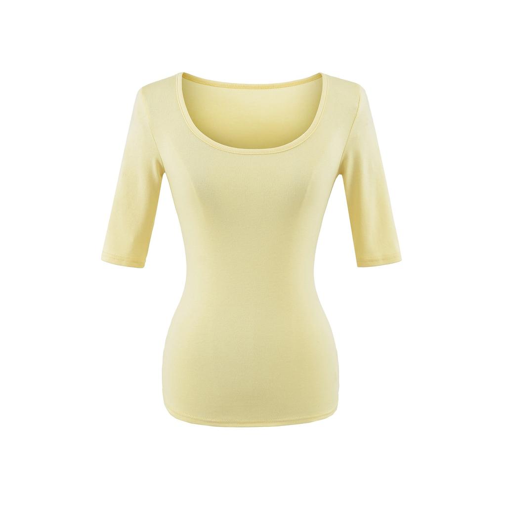 U-neck slightly transparent medium-sleeved T-shirt women's summer new American Spice Girl style solid color sexy slim-fitting bottoming shirt top