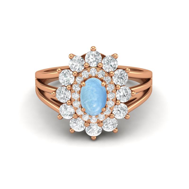 6X4MM Oval Larimar Gemstone 925 Sterling Silver Rose Plated Halo Split Shank Ring