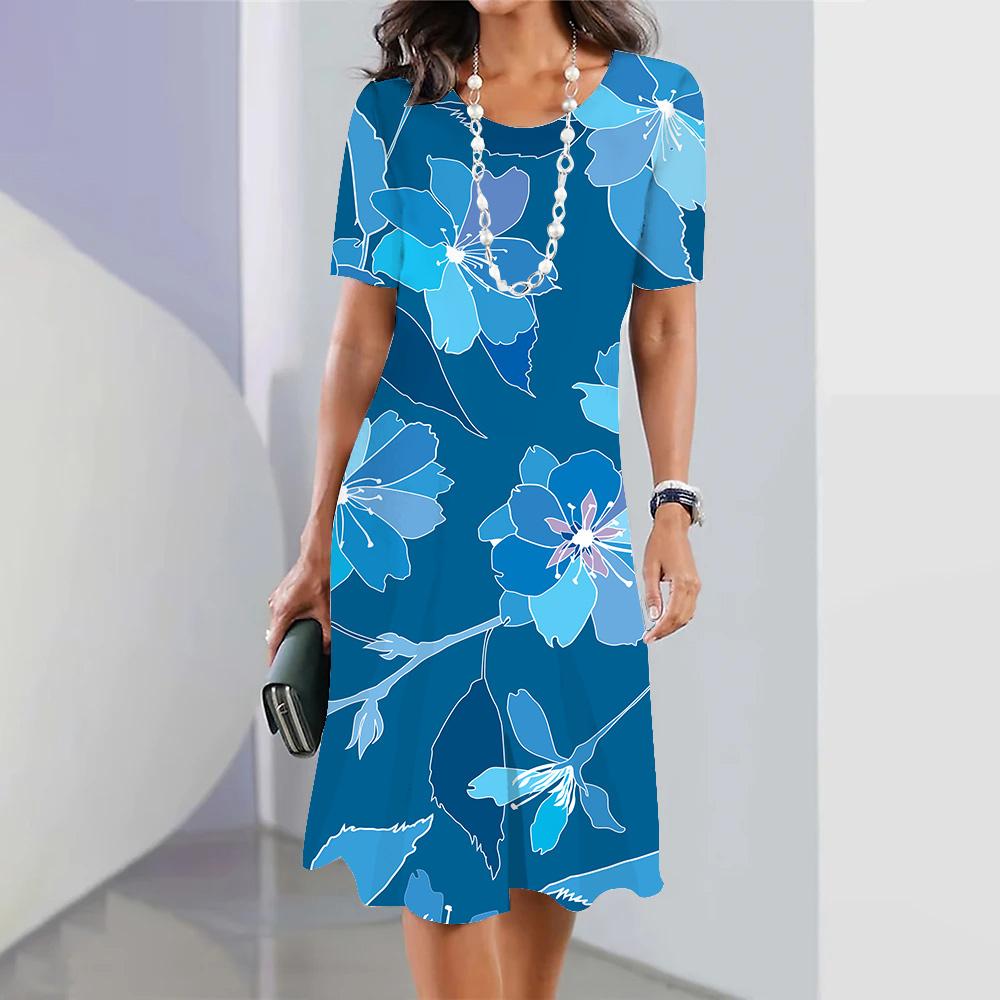 Blue Floral Women's Summer Short Sleeve Dress Fashion Party 3D Print Round Neck Knee-Length Dress 2026